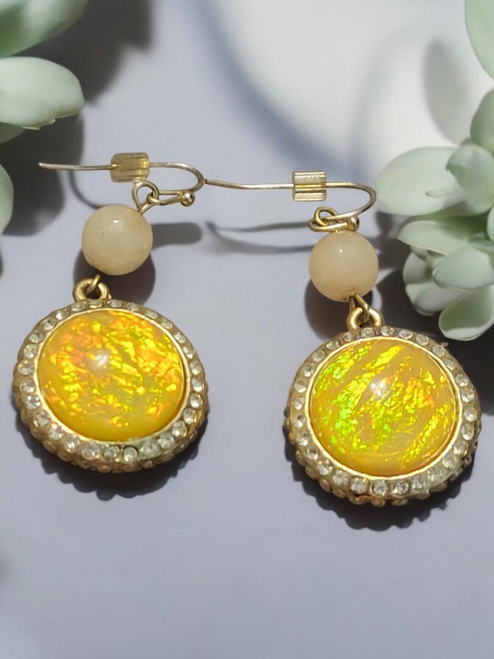 Gold-Tone Yellow Opal Drop Earrings with Crystal Halo